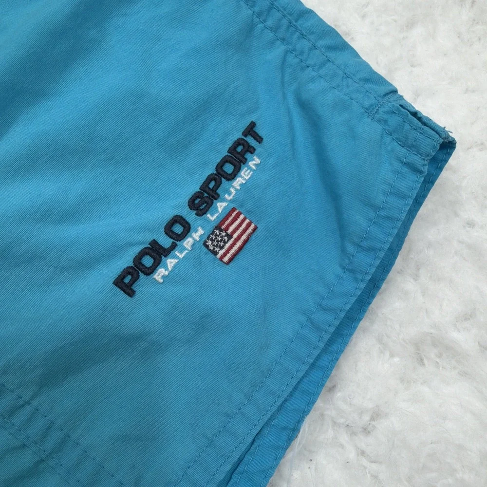 Vtg 90s Polo Sport Flag Ralph Lauren Swim Trunks Shorts Light Blue Baggy Nylon